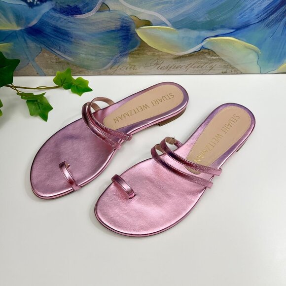 Stuart Weitzman Pink Metallic Leonita Slide Sandals Size 7 - Picture 3 of 7